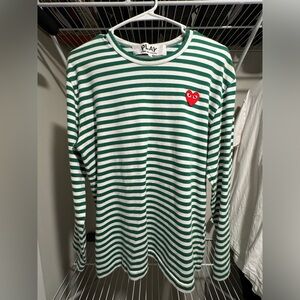 Comme des Garcons PLAY Green and White Striped Long Sleeve Tee